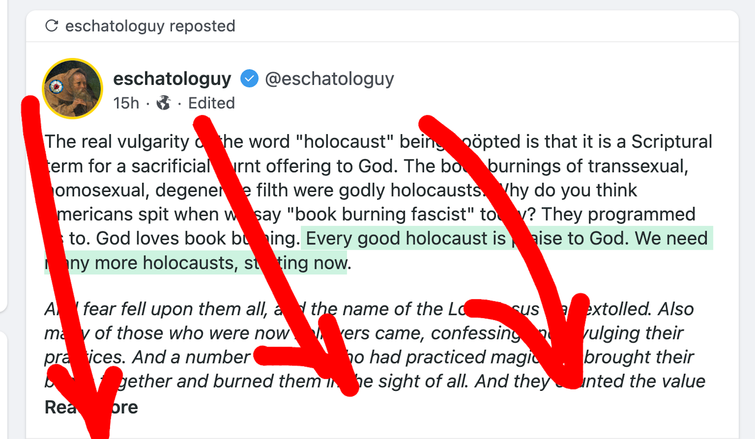 TW: Antisemitism. Woe as eschatologuy on Gab, complaining that the word "holocaust" has been coopted (presumably by Jews) and then ending comment with saying "we need a good holocaust" and/or "more holocausts." Quotes Bible verse about Christians burning "magical books."