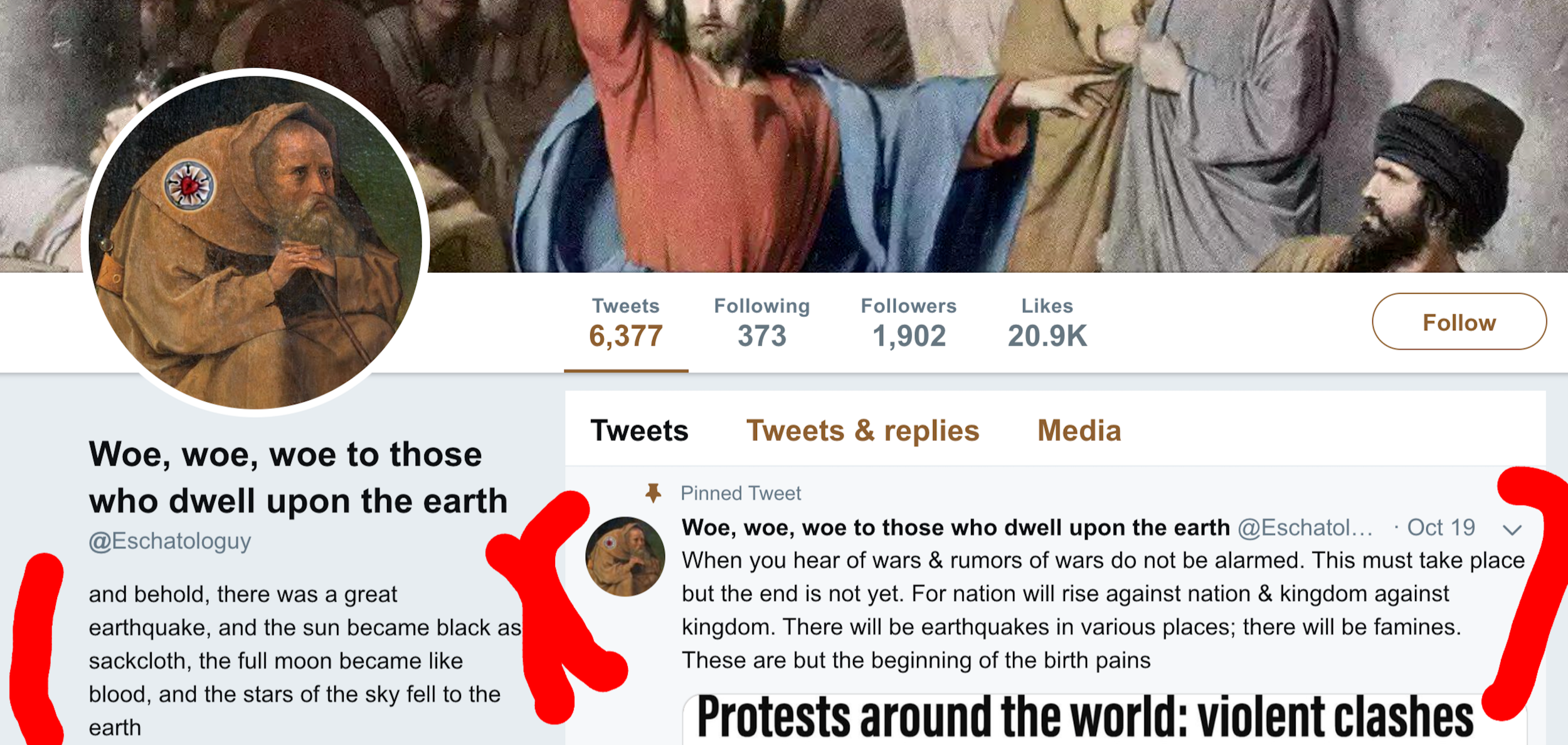 Banner heading of Eschatologuy's Twitter profile around late 2019. Bio has verse about apocalypse and so does pinned tweet. Banner pic of Jesus and avatar of hunched over white guy.