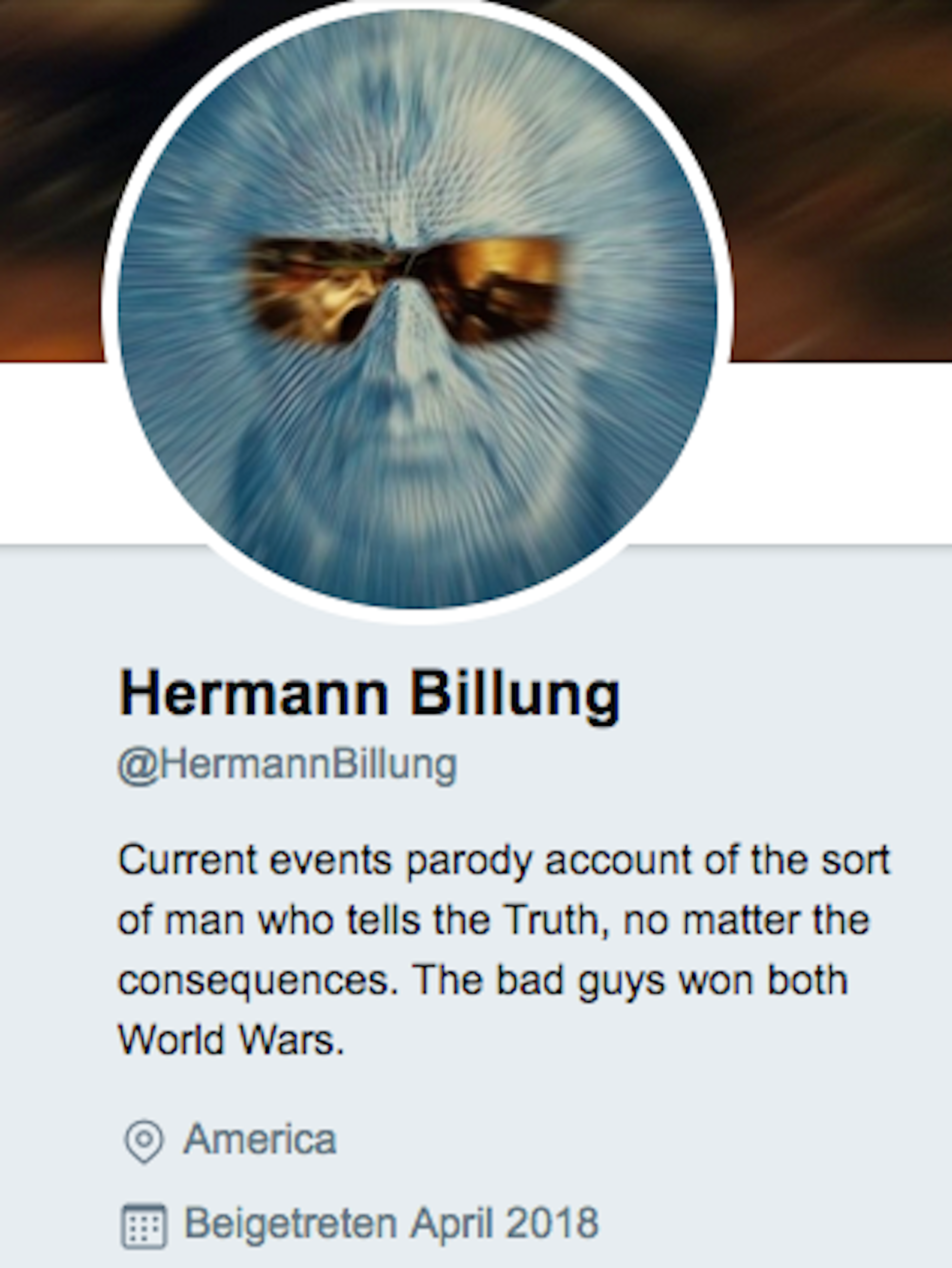 Twitter profile pic of "Hermann Billung." Pic = blue cartoon of man wearing sunglasses looking like it's in motion.