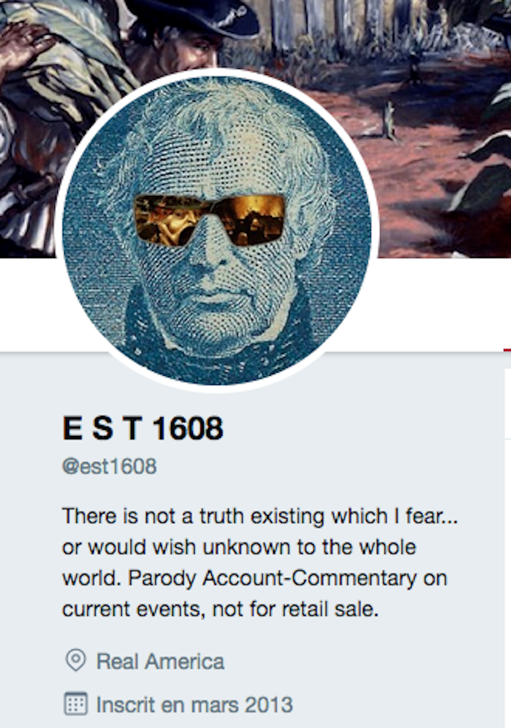 Twitter profile pic for est1608 featuring blue cartoon of man in sunglasses.