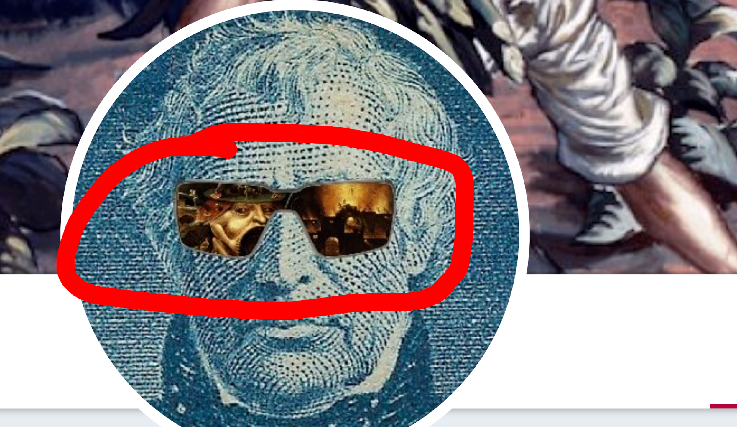 Closeup of est1608 pic - showing blue sketch of older man, and sunglasses reflecting vision of Hell.
