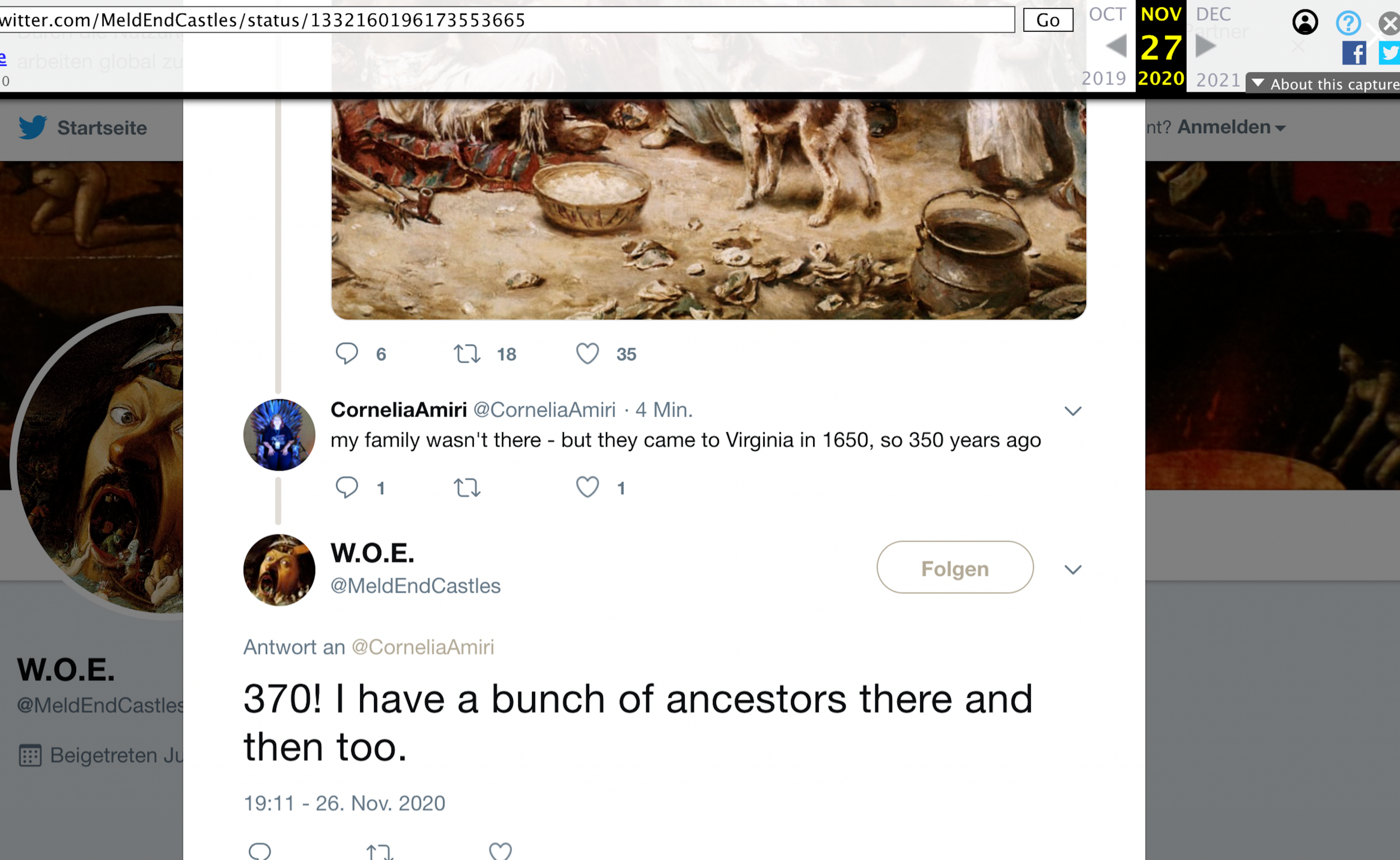 Woe saying that he has ancestors in Virginia dating to 1650. Replying to user CorneliaAmiri saying "My family wasn't there - but they came to Virginia in 1650, so 350 years ago." Above that is cropped out painting of Pilgrims meeting the native Americans on the first Thanskgiving.