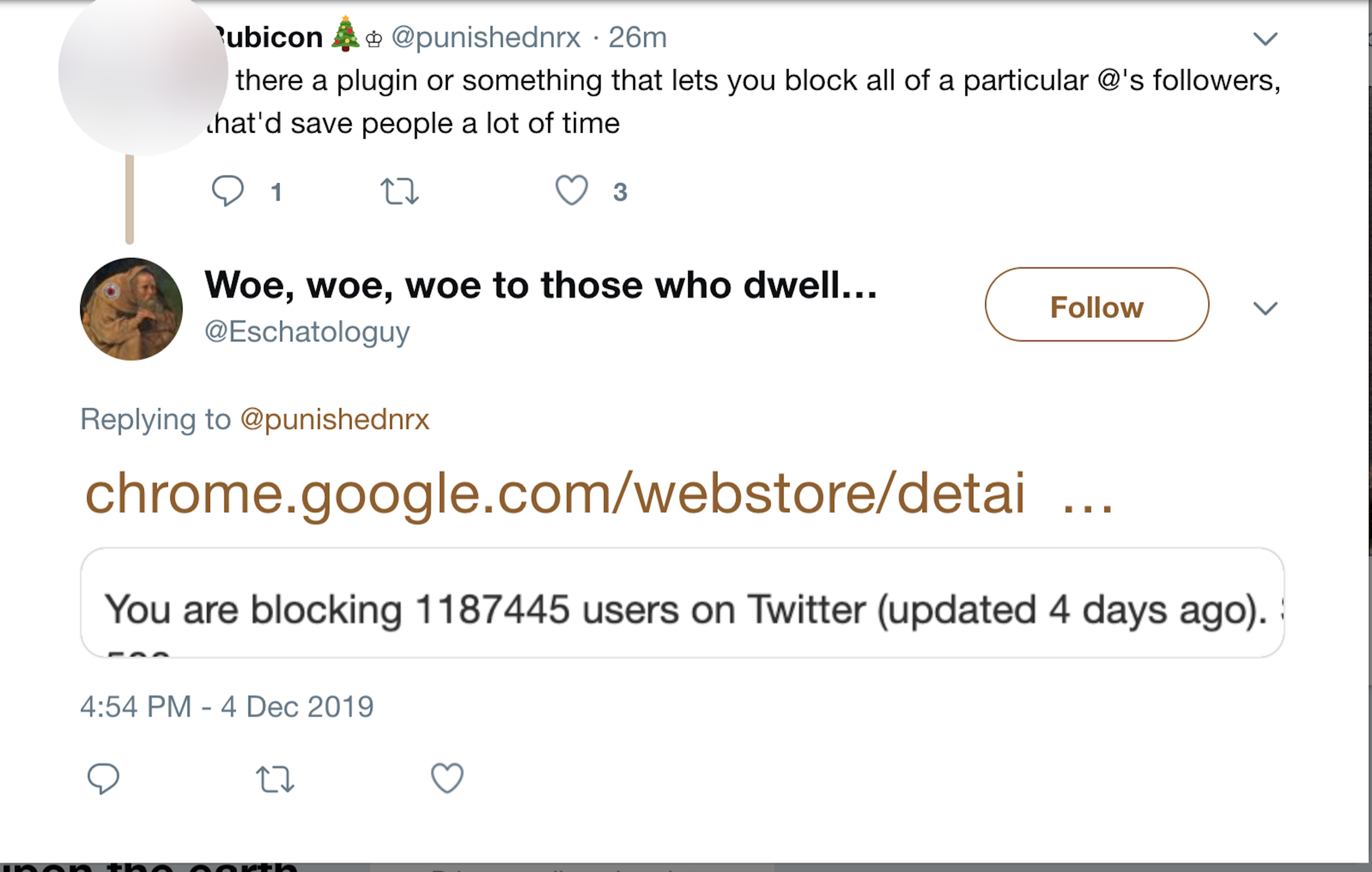Woe including screenshot saying that he has "1187445 users on Twitter blocked (updated 4 days ago)" and a link to the Chrome extension for the block.