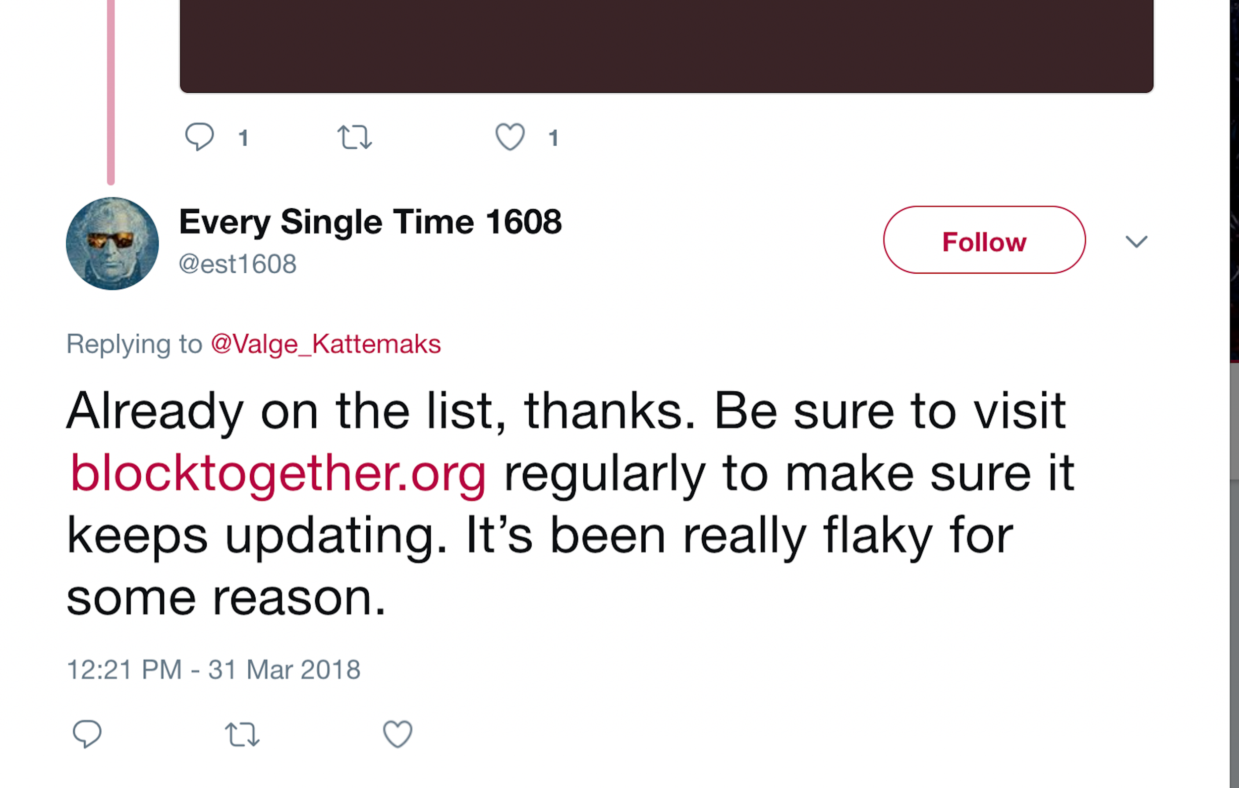 Woe tweet advertising his blocktogether list, saying people should "visit regularly to make sure it keeps updating" because "it's been really flaky for some reason."