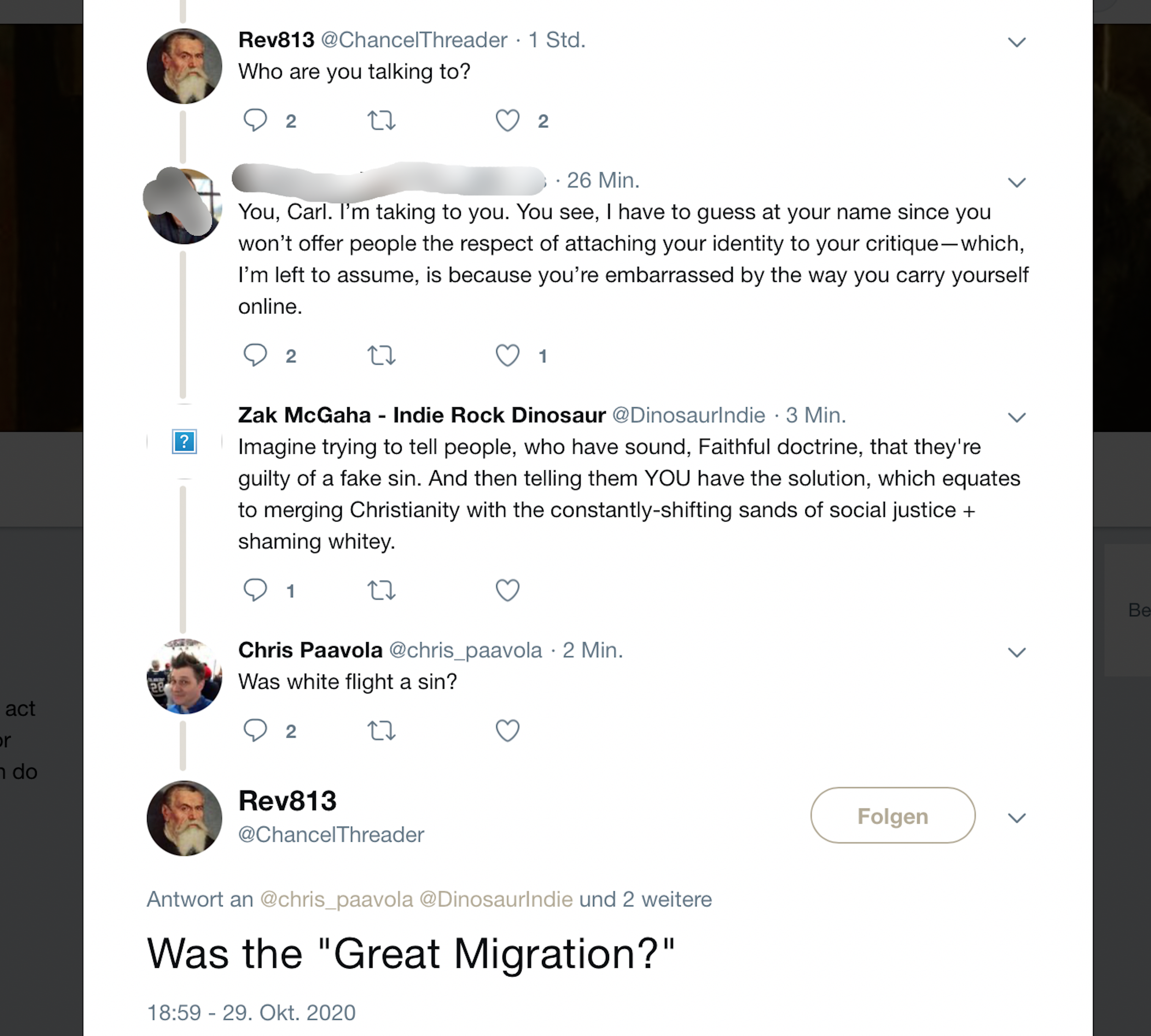 Interaction amongst Woe, Zak McGaha, Matt Popovits, and Chris Paavola, in which Zak says that those criticizing Woe are guilty of making up a “fake sin” of racism. Woe implies that the Great Migration was a sin.