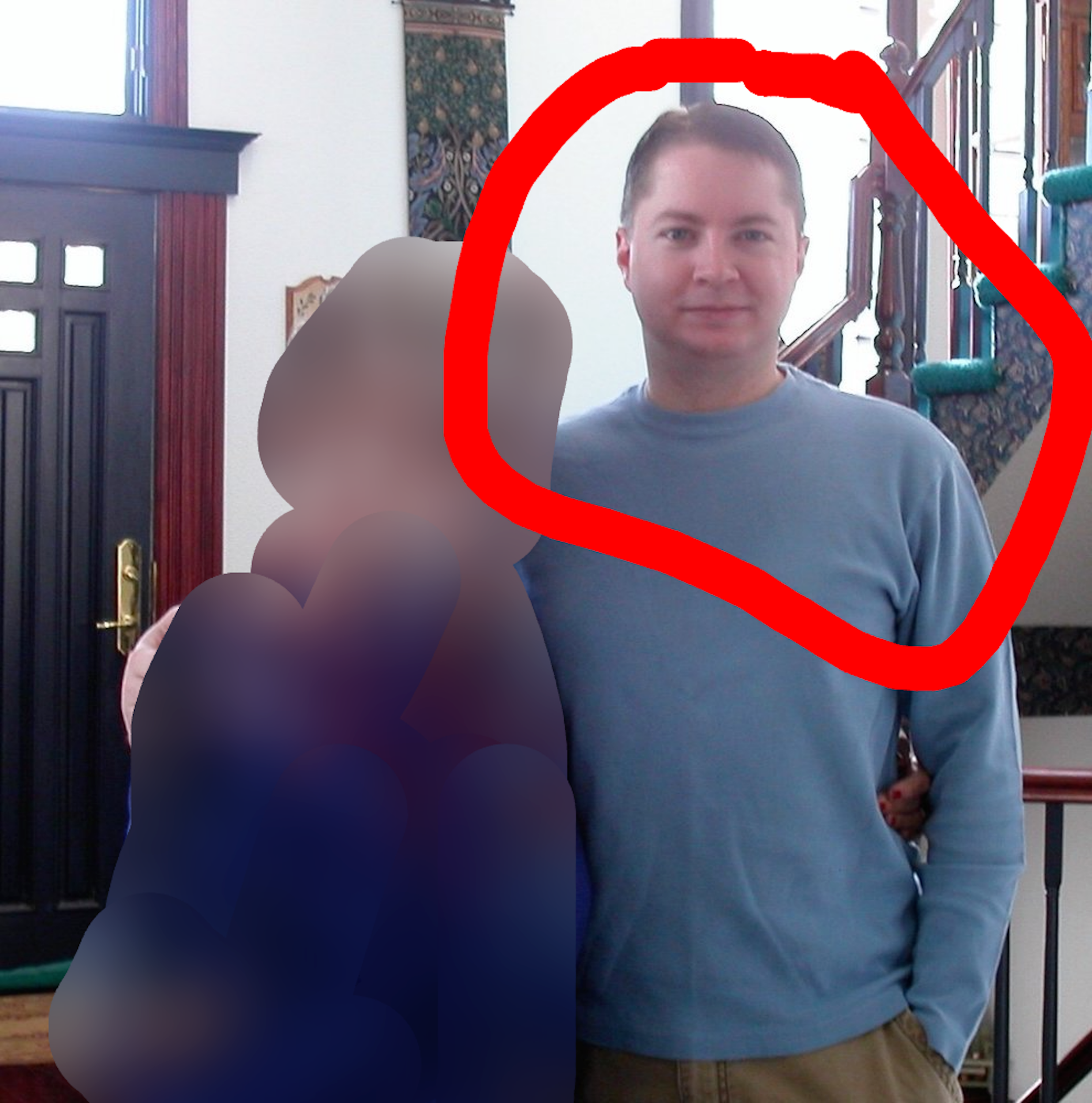 Pictures of same young man as in previous photo, next to blurred out old lady.
