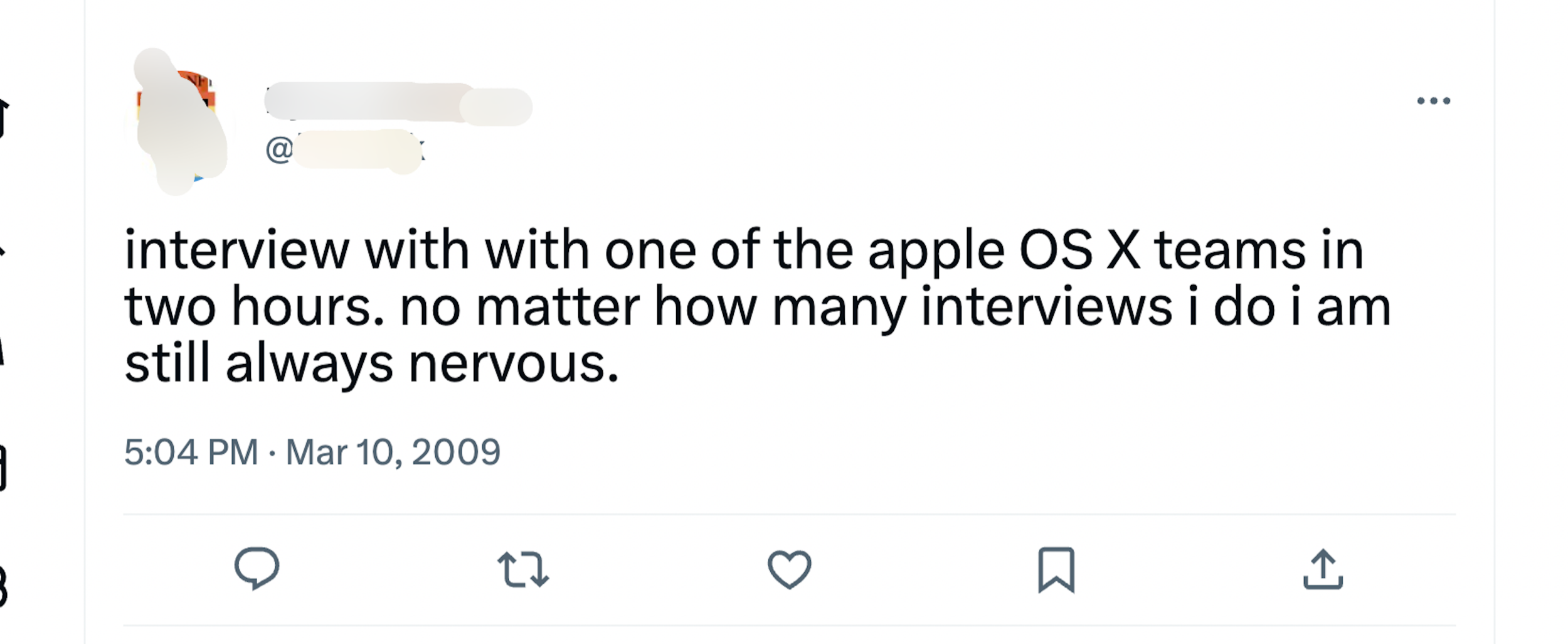 Pic of Twitter user in 2009 expressing nervousness about an upcoming technical interview with "one of the Apple OS X teams."