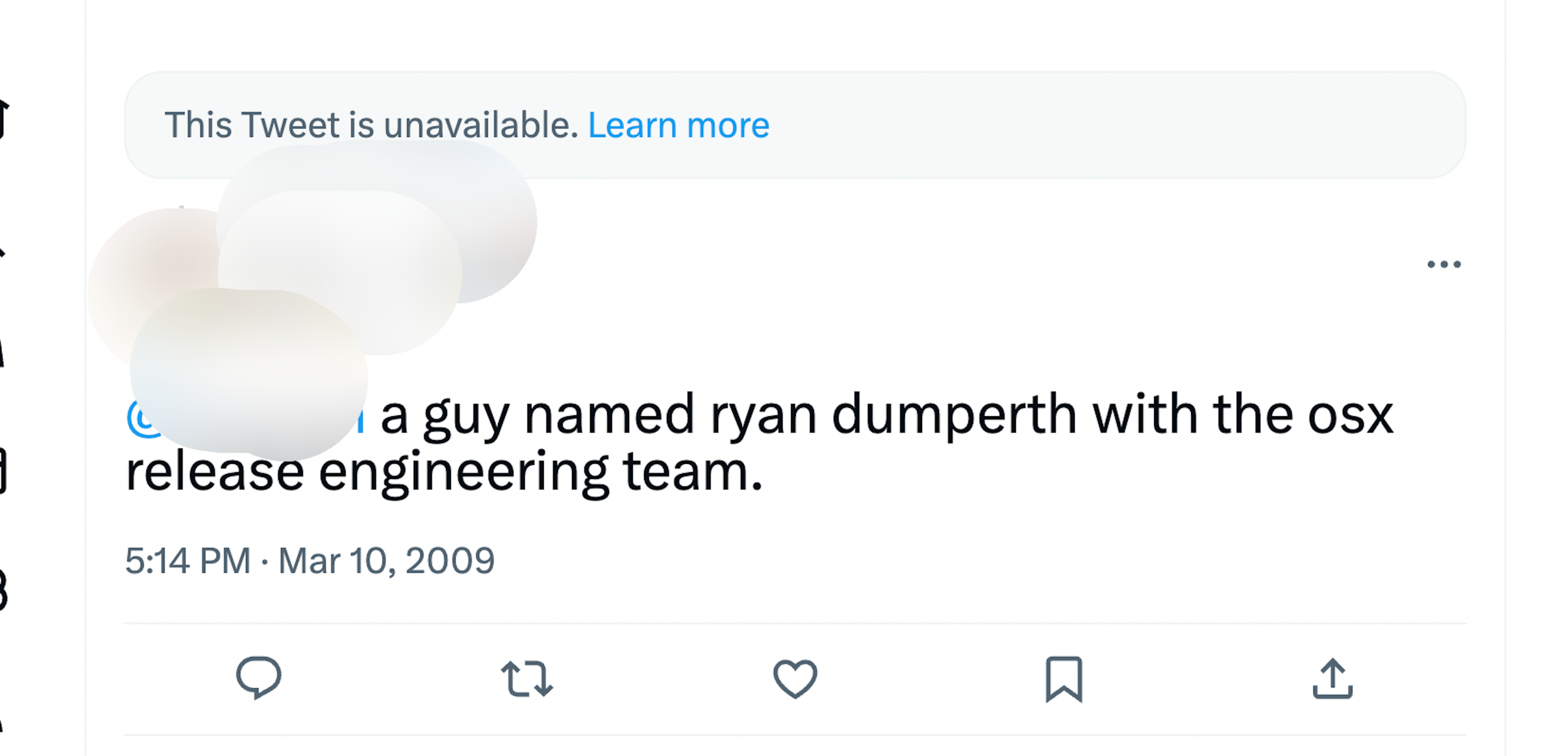 Pic of same user as previous screenshot indicating that he was interviewed by an Apple engineer named Ryan Dumperth "with the osx release engineering team."
