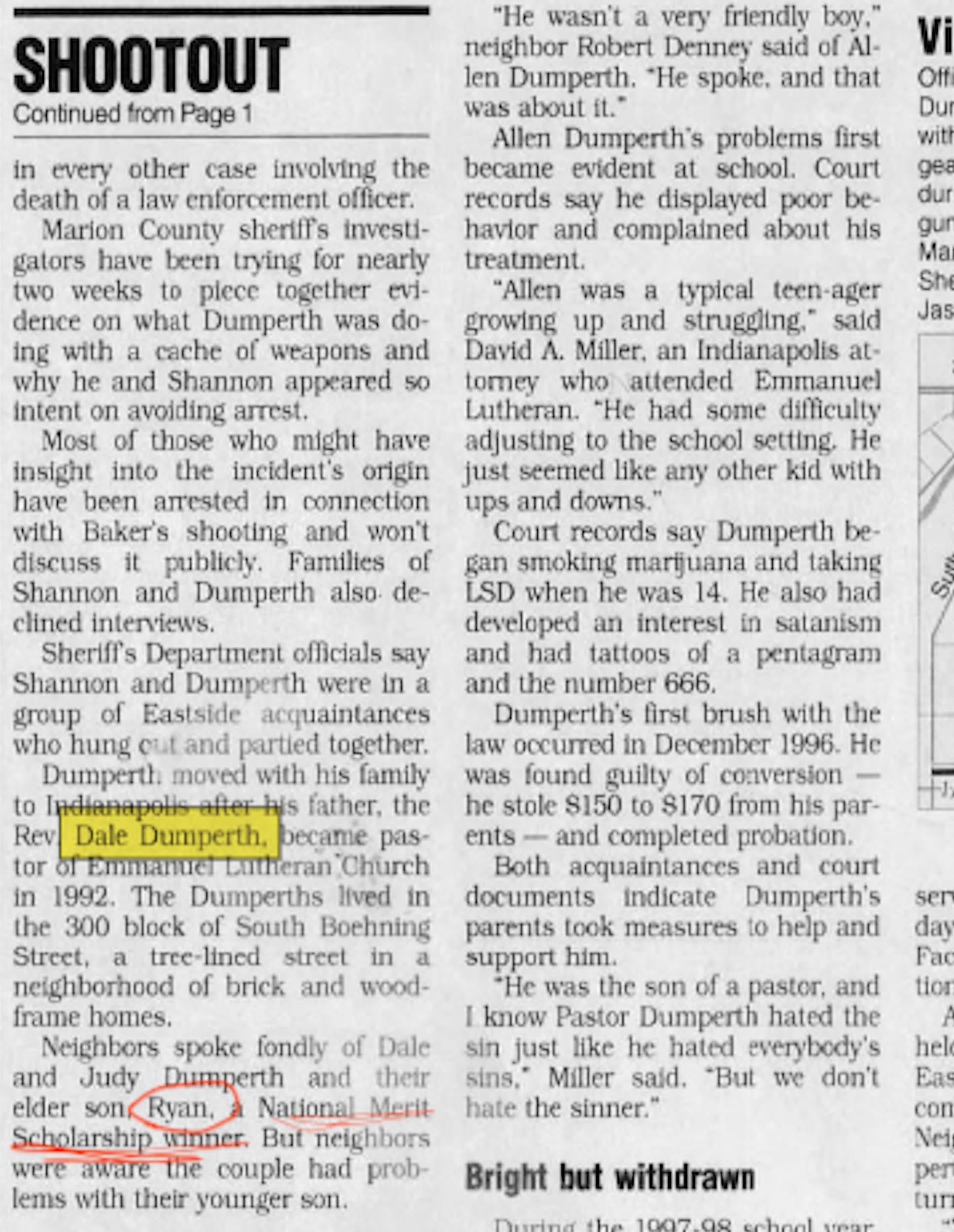 Screenshot of Indianapolis Star Oct. 2001 article about Allen Dumperth’s death, citing Dale and Ryan as father and brother, mentioning Ryan’s grades in contrast to Allen’s troubles.