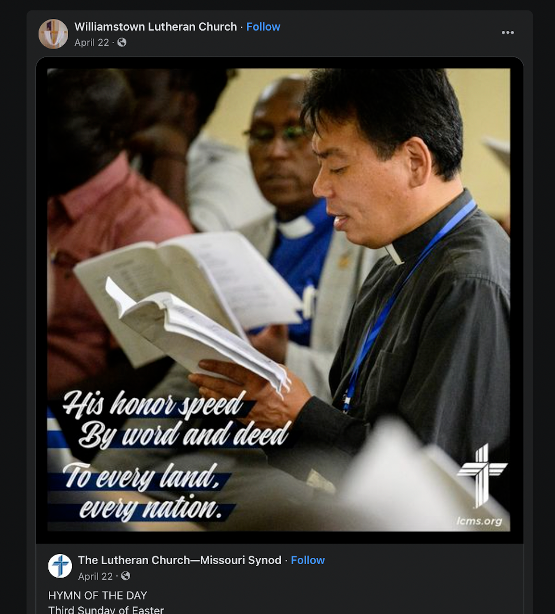 Facebook post by Williamstown Lutheran Church. Reposts an official LCMS post for the Third Sunday of Easter featuring text, "His honor speed/By word and deed/To every land, every nation." Pictured: an Asian pastor in a collar, a Black pastor in a collar, and out of focus Black worshippers in background. All singing from a program in congregation