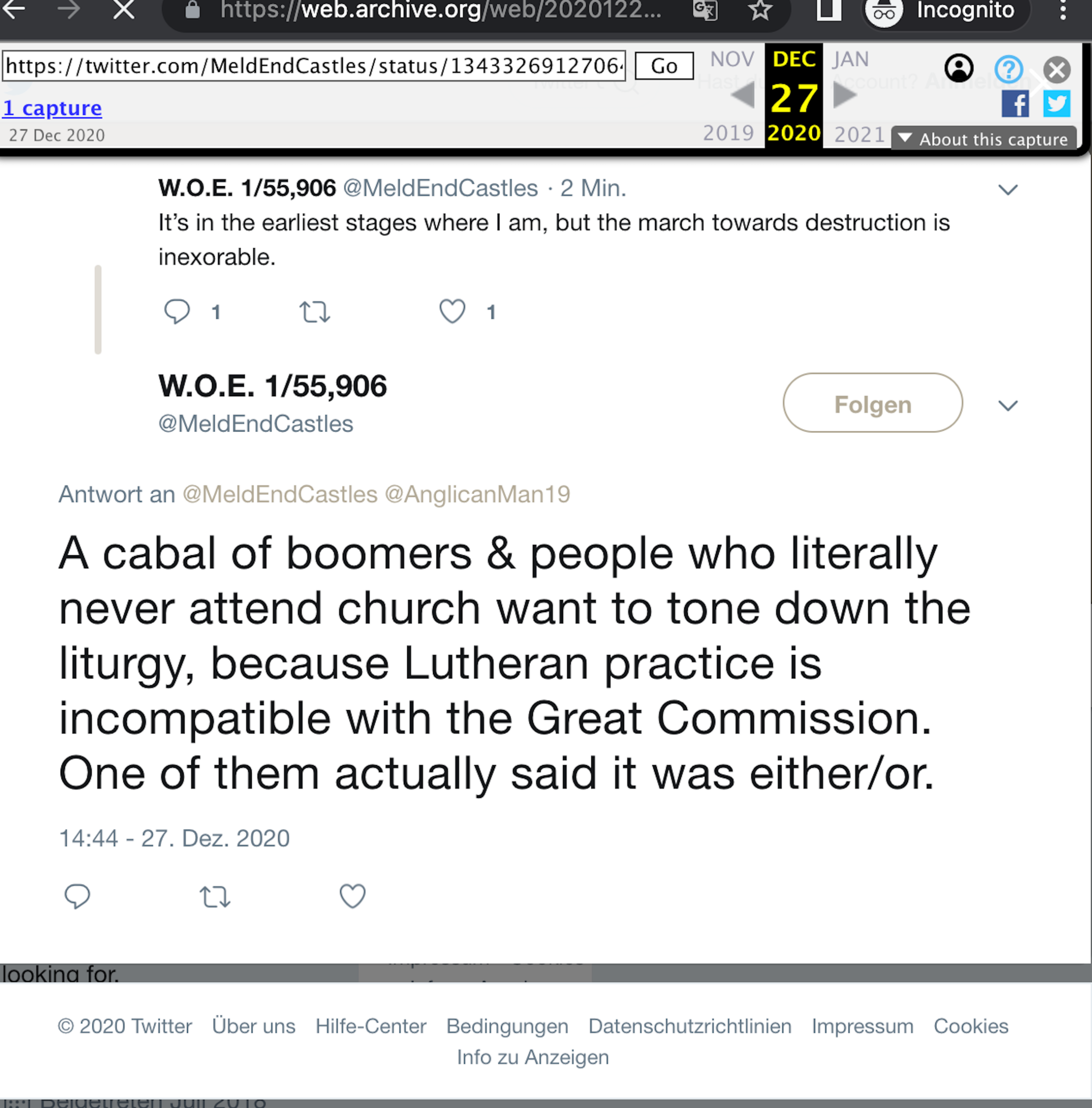 WOE as Meldendcastles: "A cabal of boomers and people who literally never attend church want to tone down the liturgy, because Lutheran practice is incompatible with the Great Commission. One of them actually said it was either/or."