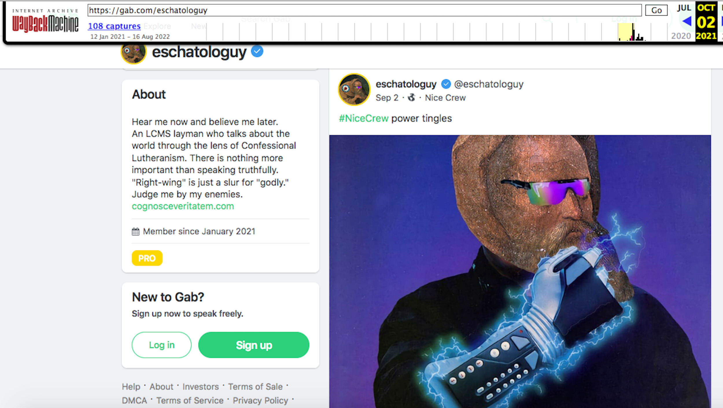 Eschatologuy's Gab profile. First post includes a pic of his avatar with sunglasses and a robotic arm. Text of post: "#NiceCrew power tingles"
