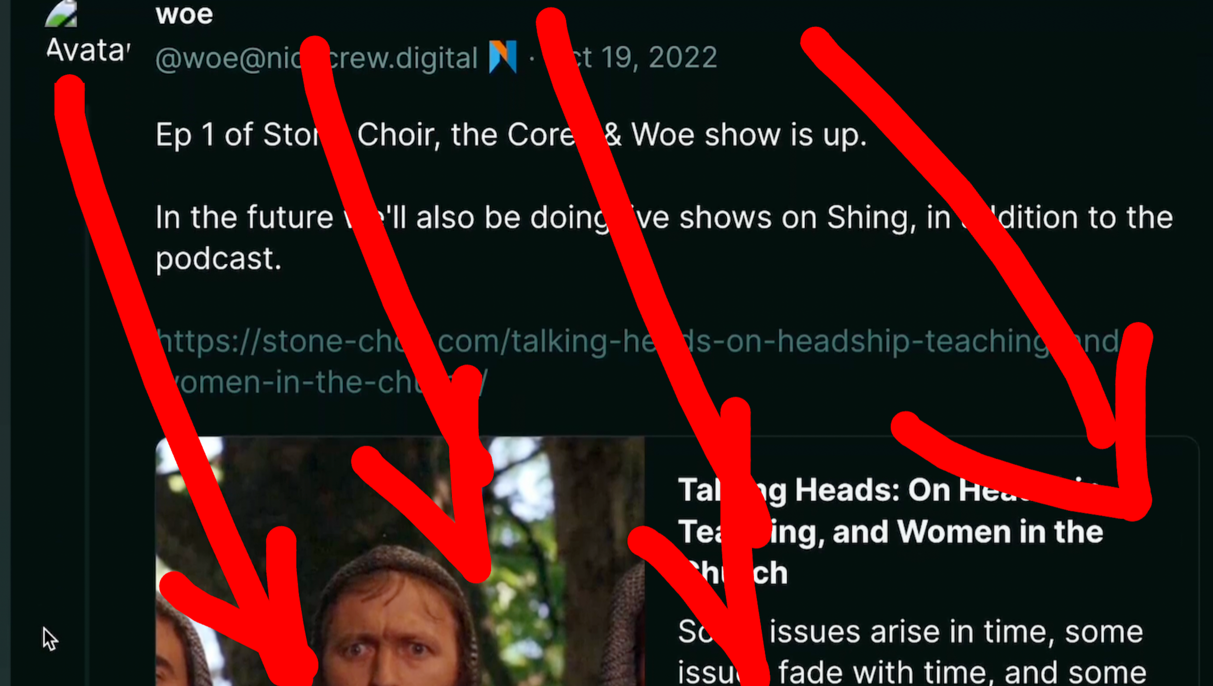 Dumperth on Poast: "Ep 1 of Stone Choir, the Corey and Woe show is up. In the future, we'll also be doing live shows on Shing, in addition to the podcast.:" Links to the first episode