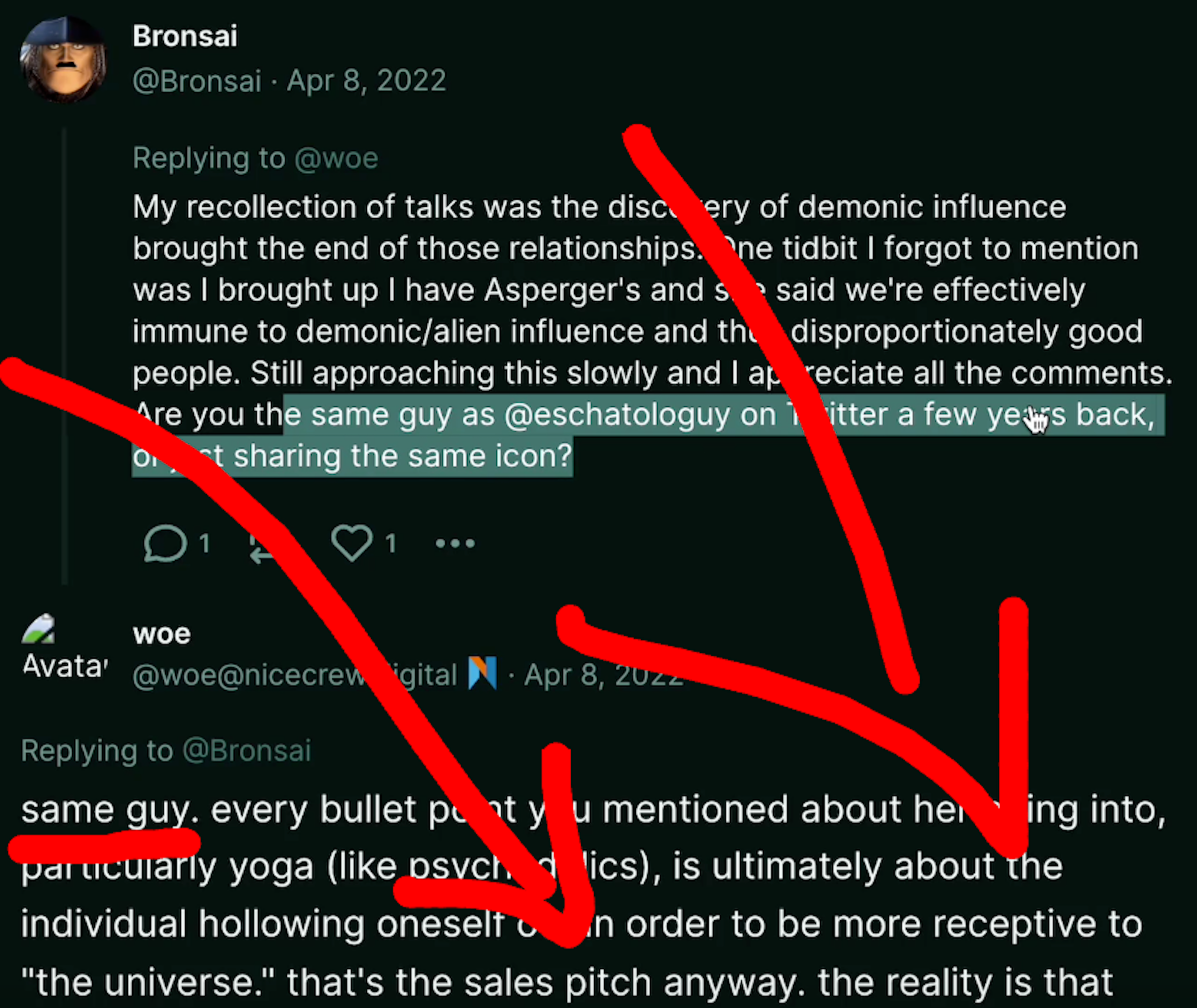 "Bronsai" in Poast tells Woe about his discovery of demonic influence, as well as his history of having Asbergers and someone telling him that that makes him immune to demonic/alien influence. Bronsai then asks, "Are you the same guy as @eschatologuy on Twitter a few years back, or just sharing the same icon?" Dumperth responds: "Same guy" and goes on to talk about yoga "hollowing oneself out" which presumably leads to demon possession.