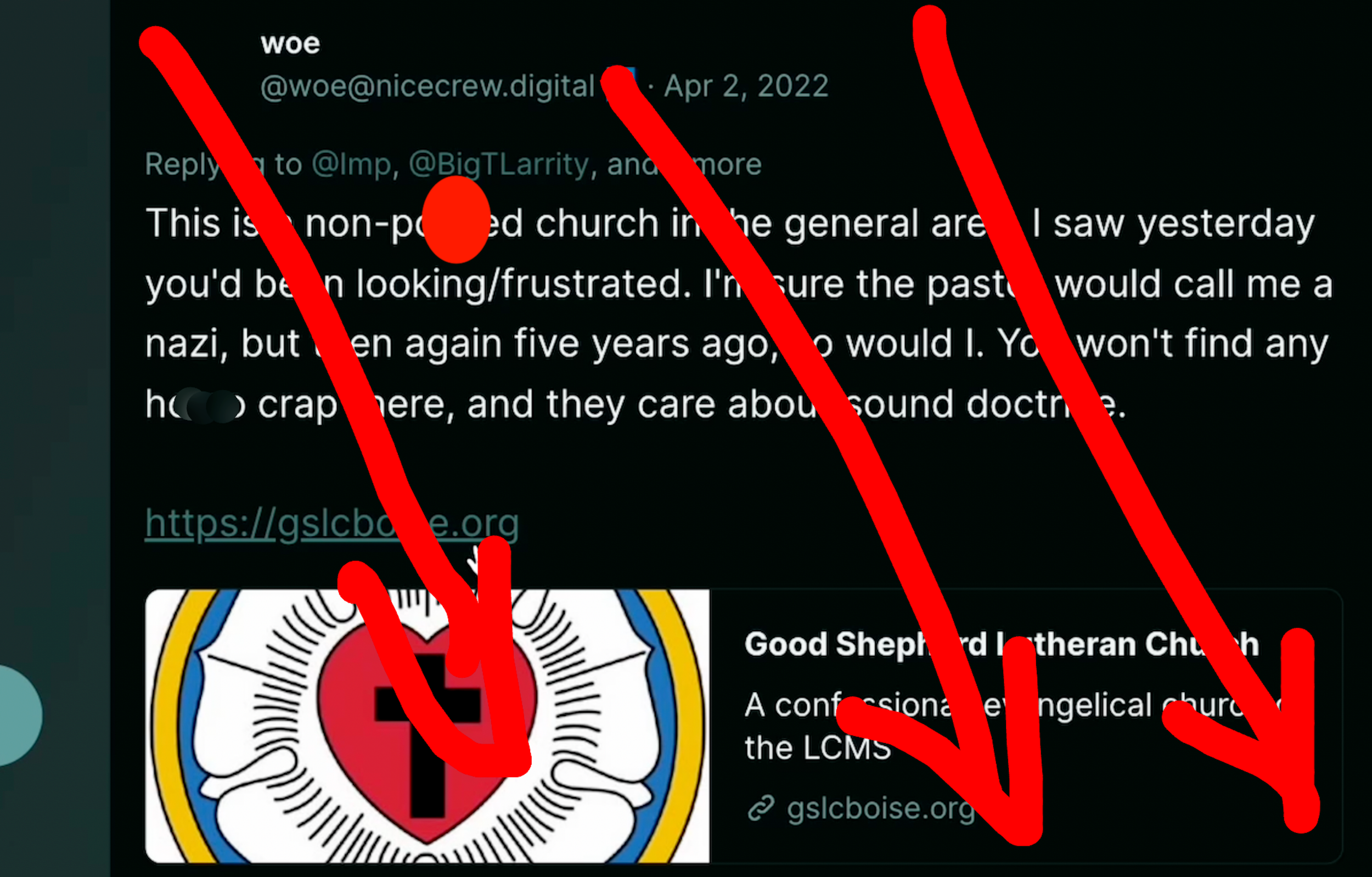 TW homophobia. Dumperth on Poast: "This is a non pozzed church in the general area. I saw yesterday you'd been looking/frustrated. I'm sure the pastor would call me a nazi, but then again five years ago, so would I. You won't find an y h*mo crap here, and they care about sound doctrine."