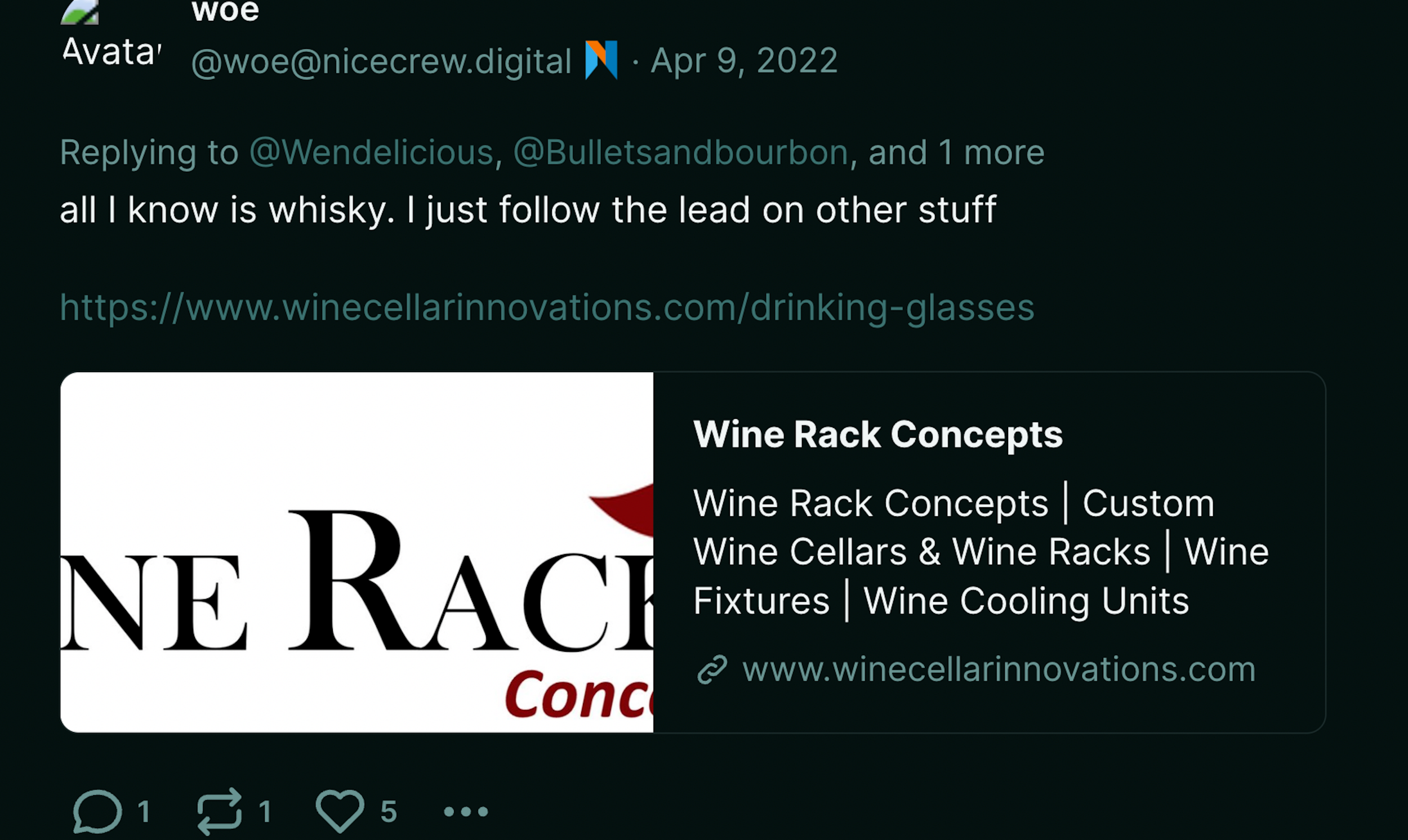 Dumperth on Poast: "all I know is whisky. I just follow the lead on other stuff." Link is to a site called Wine Cellar Innovations.