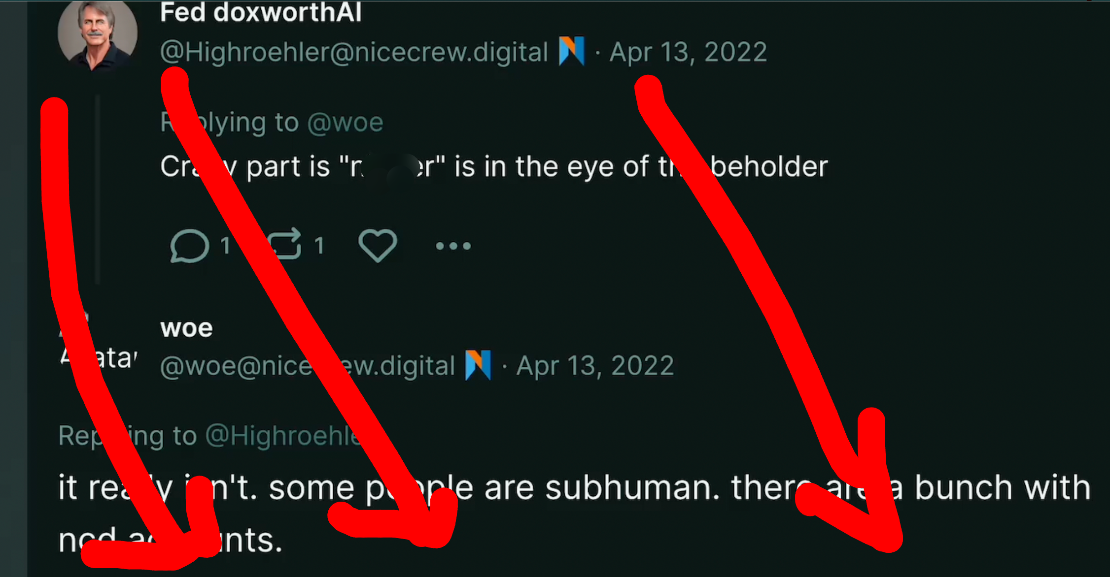 TW anti-Black racism. "Fed doxworthAI" on Poast: "Crazy part is that n****r is in the eye of the beholder." Reply from Dumperth/Woe: "it really isn't. some people are subhuman. there are a bunch with ncd (nice crew digital) accounts."
