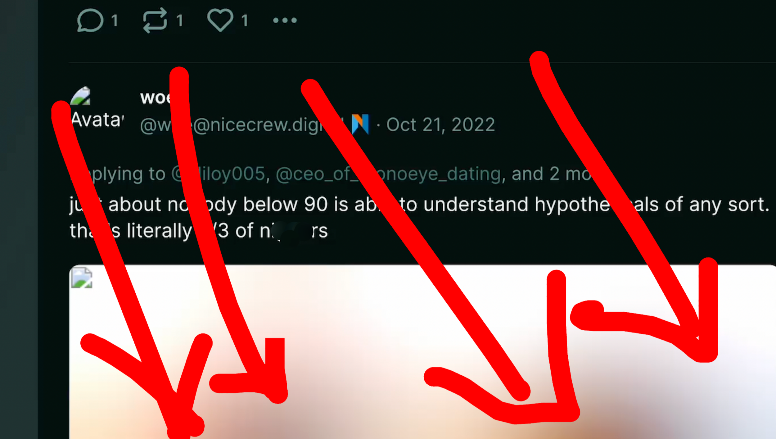 TW anti-Black racism. Dumperth on Poast: "just about nobody below 90 is able to understand hypotheticals of any sort. that is literally 1/3 of n****rs."