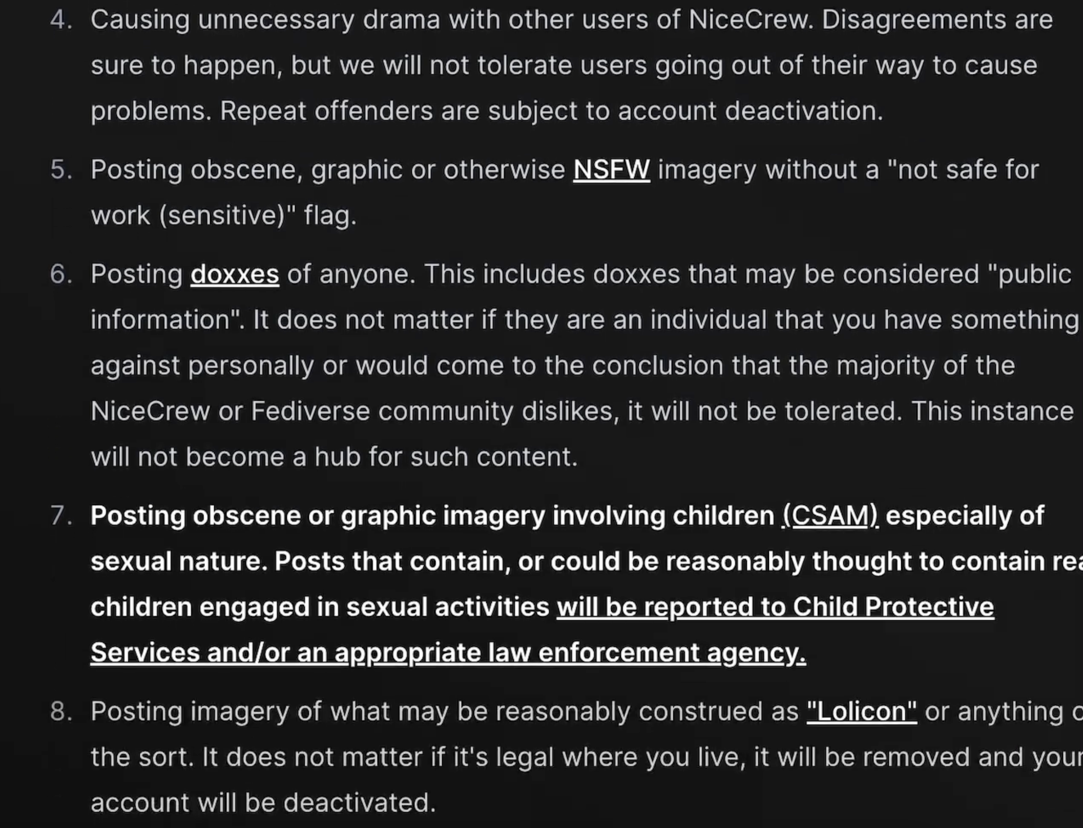 Site rules for NiceCrew's Poast instance cont'd. Includes warnings against posting "obscene, graphic, or otherwise NSFW imagery," doxxing, "obscene or graphic imagery involving children," and "posting imagery of what may reasonably be construed as Lolicon."