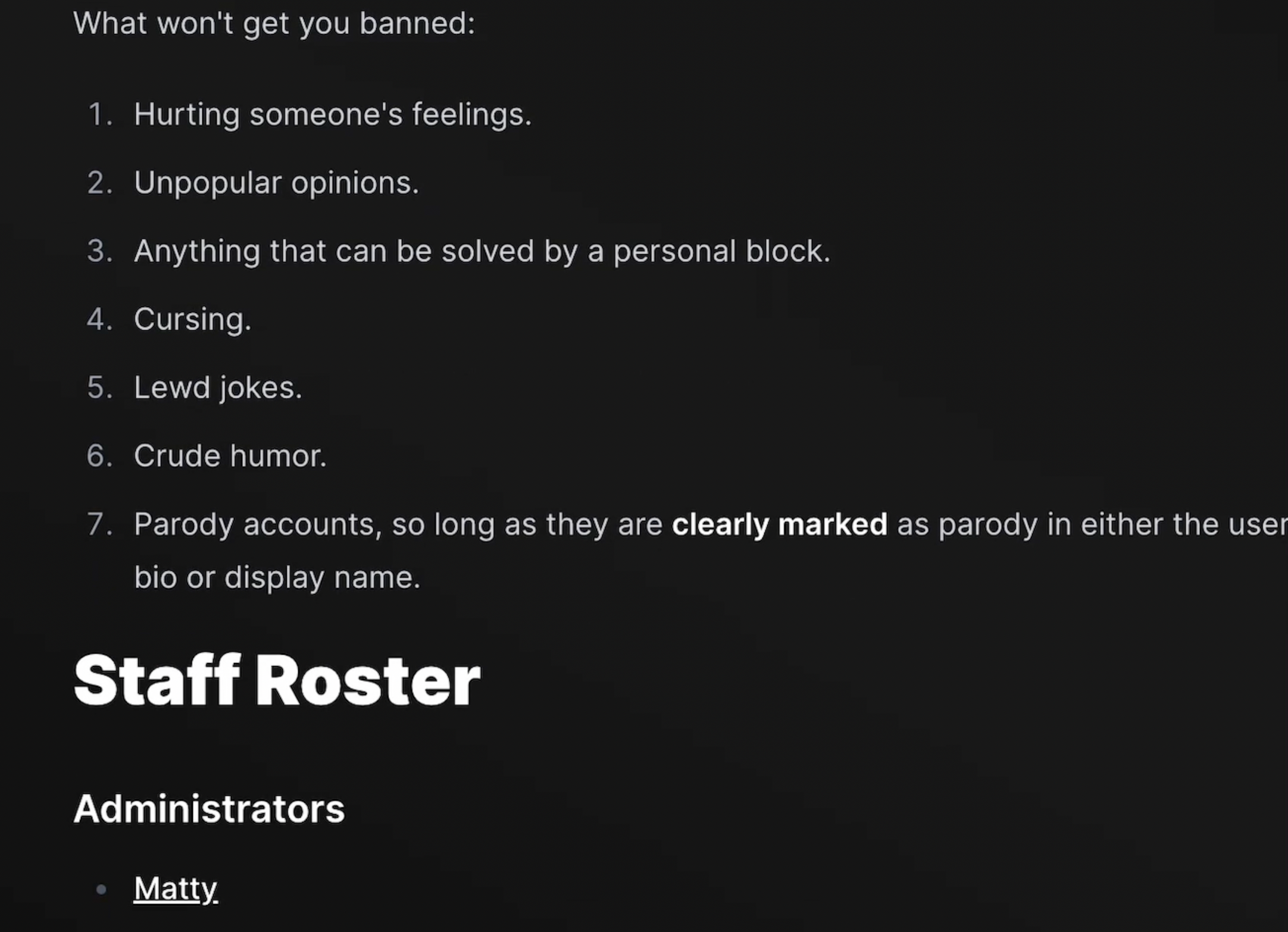 Site rules for Poast instance of NiceCrew cont'd. "What won't get you banned" list. Includes "Hurting someone's feelings," "unpopular opinions," "lewd jokes," "cursing," and "crude humor." Also shows "Staff Roster" and "Administrators" listing "Matty."