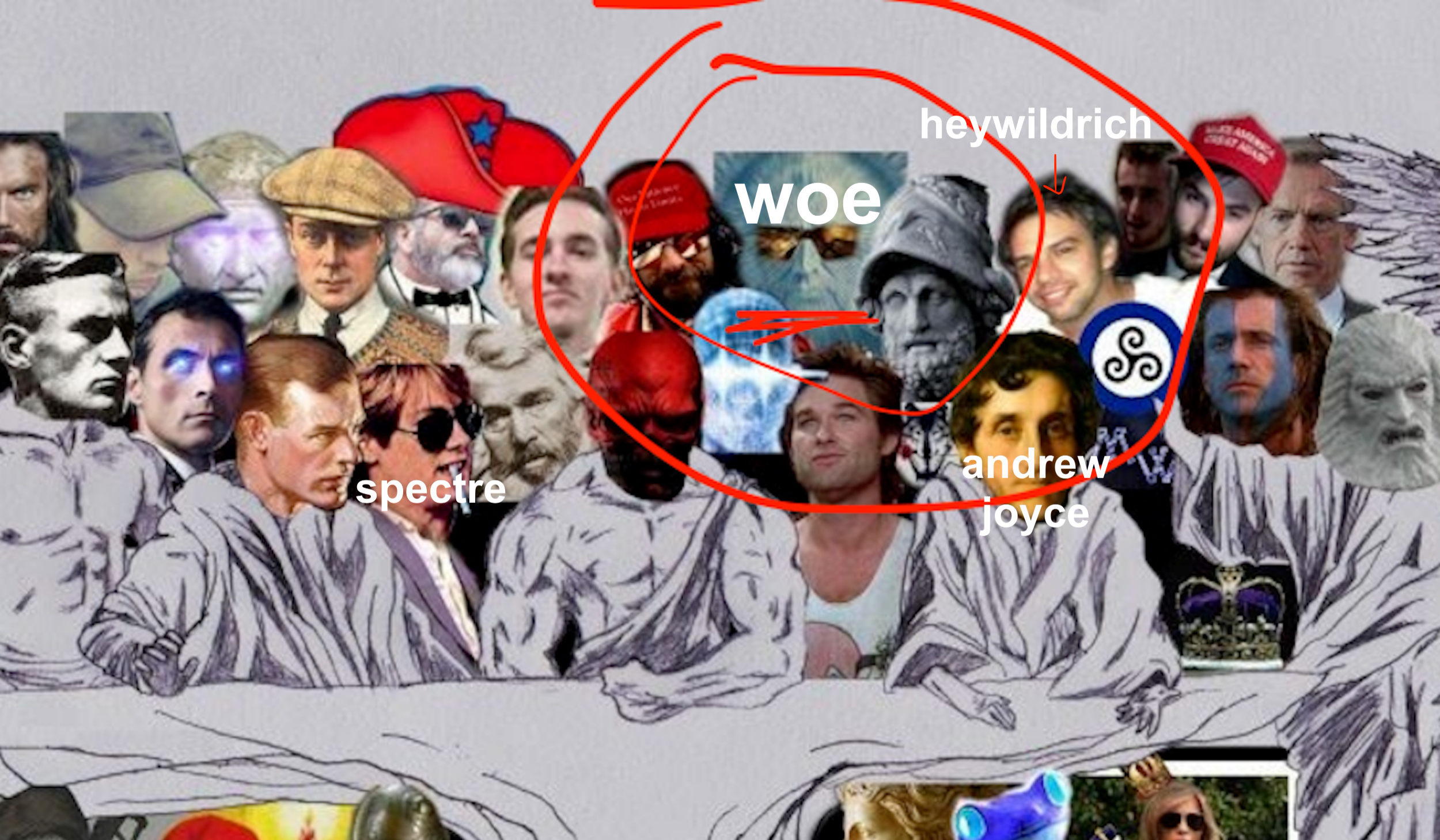 Closeup of section of Arthur Angell collage, with Woe's HermannBillung avatar circled and ID'd. Around him, the following avatars are ID'd: "heywildrich," "andrewjoyce," and "spectre" (latter is James Spader). A few other avatars in this shot as well.