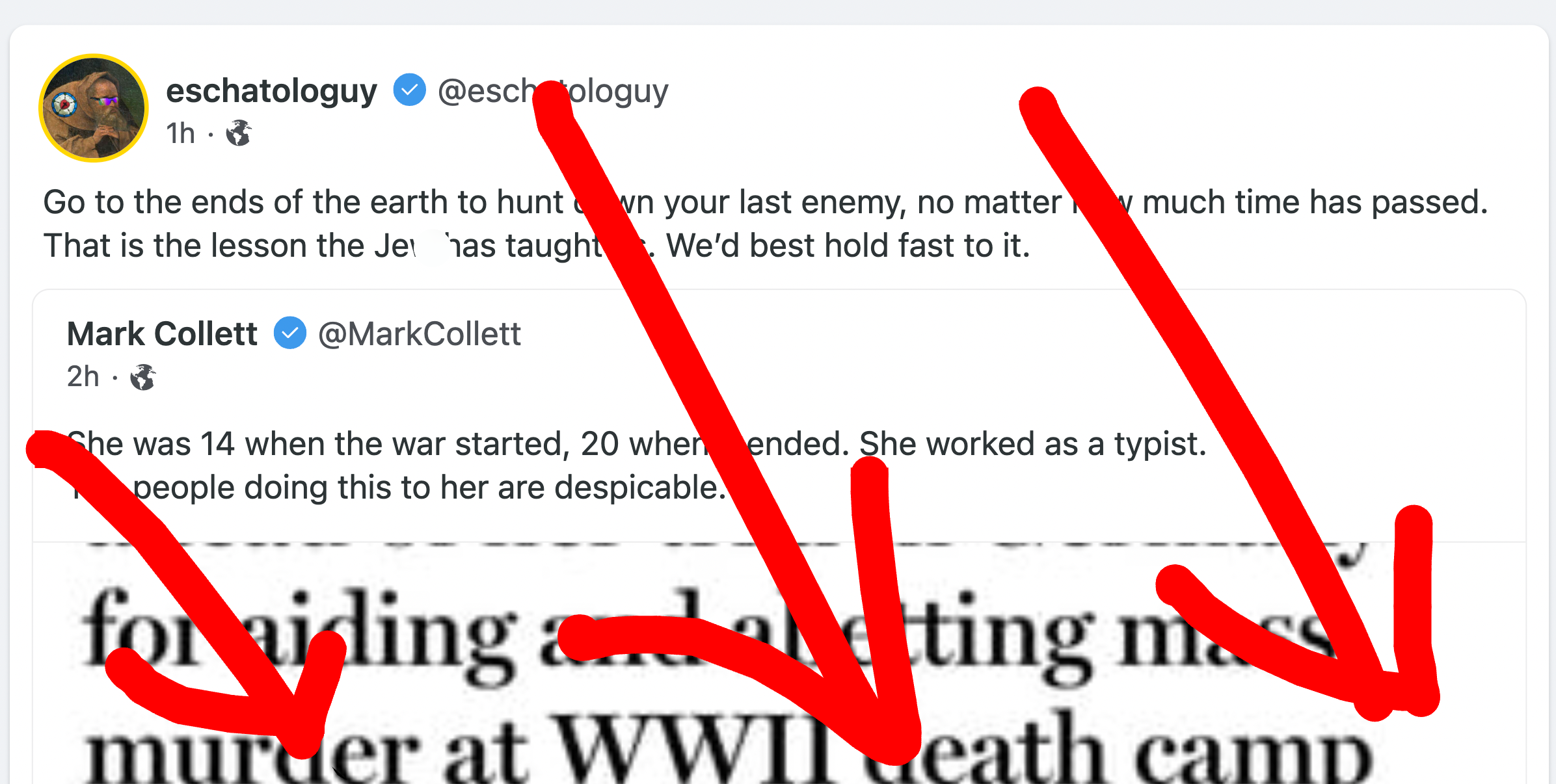 Woe on Gab reposting another user lamenting the arrest of a Nazi collaborator who was 14 when the war started and worked as a typist. Eschatologuy: "Go to the ends of the earth to hunt down your last enemy, no matter how much time has passed. That is the lesson the J*w has taught us. We'd best hold to it.