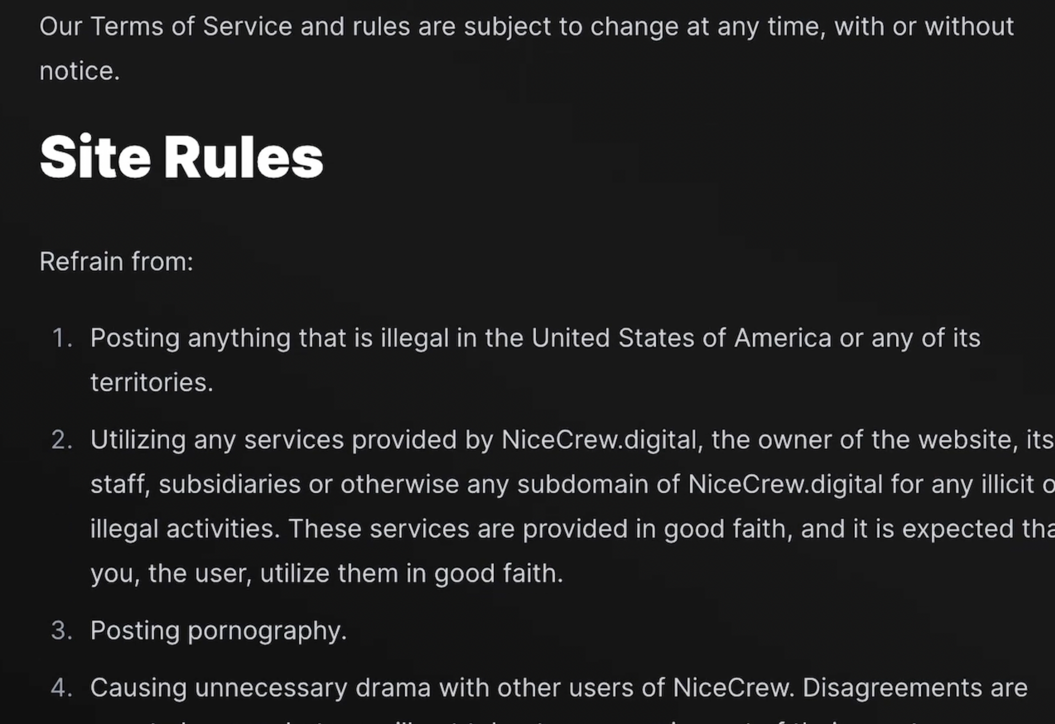 Screenshot of "Site Rules" from Nicecrew.digital's Poast instance. Site rules include refraining from "posting anything illegal," "utilizing services for illicit illegal activities," posting porn, and "causing unnecessary drama"