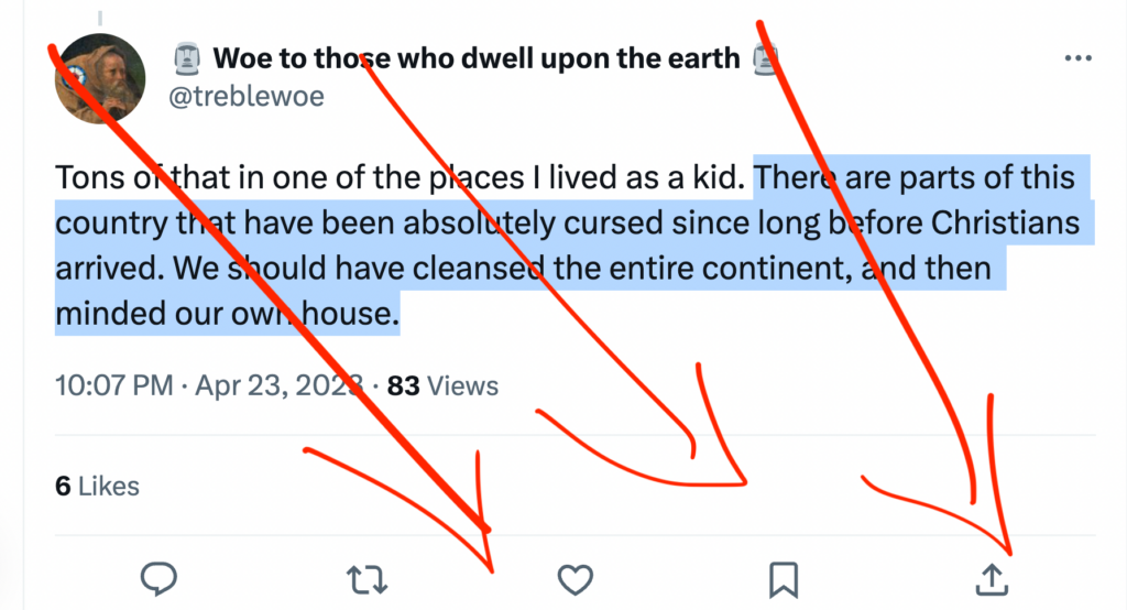 Woe on Twitter saying that the early American settlers should have "cleansed the entire continent" because part of it pre-Christianity were "absolutely cursed."